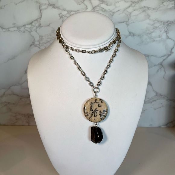 Etienne Aigner Large Dalmatian Jasper Stone Drop Necklace Silver Tone Signed - Picture 4 of 6